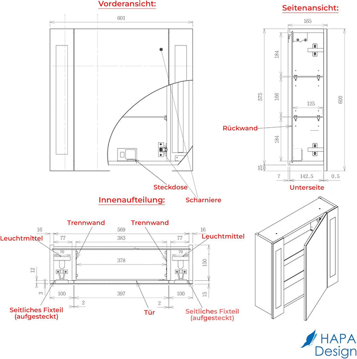 HAPA Design Bad Spiegelschrank mit Beleuchtung und Steckdose Venedig. Austauschbare LED Beleuchtung