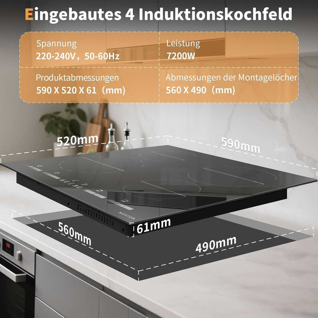 NOXTON Induktionskochfeld 60 cm Einbau mit Booster, Autarkes Induktionsfeld 4 Platten mit Schiebereg