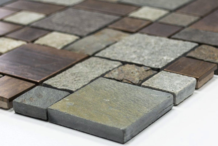 Mosaik Kombination Stein/Kupfer mix Kupfer Metall, Mosaikstein Format: 23x23+23x48+48x48x8 mm, Bogen