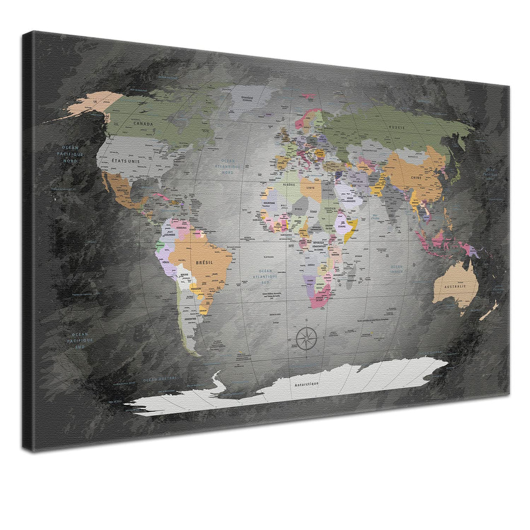 LANA KK - Weltkarte Leinwandbild mit Korkrückwand zum pinnen der Reiseziele – „Worldmap Edelgrau” -