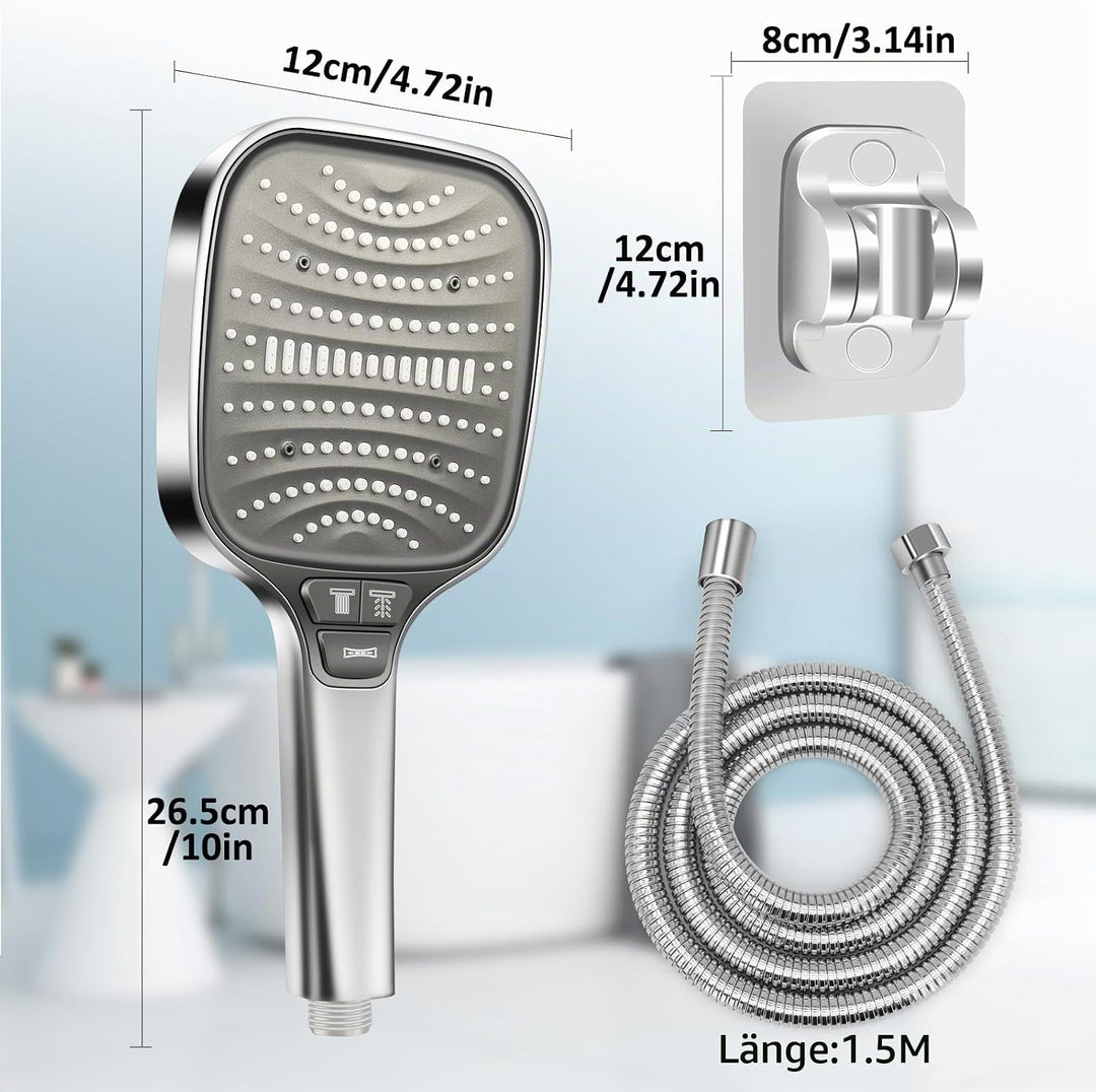 HNOOM Duschkopf Set mit 1,5m Schlauch &amp; Halterung – XXL Hochdruck Regenduschkopf (120mm), 8 Strahlar