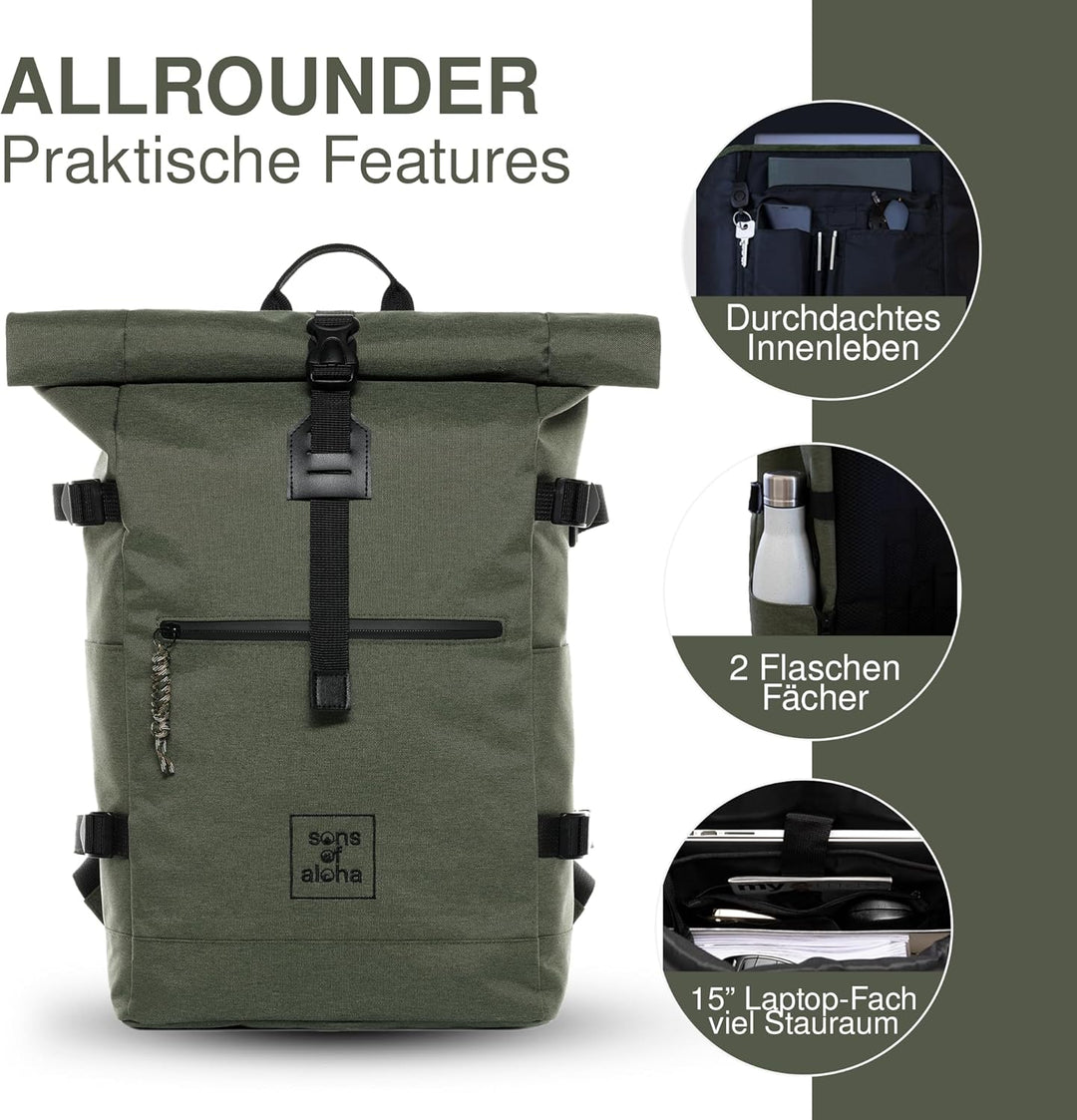 SONS OF ALOHA Rucksack KANE Roll-Top Kurierrucksack XL gross - PET recycelt, wasserabweisend - Wande
