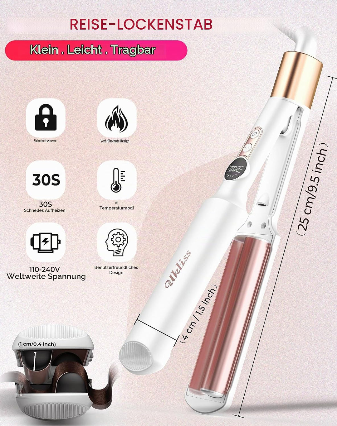 UKLISS Welleneisen - Pro Mini Welleneisen für Haare mit 2 Reiseadaptern, LCD-Anzeige [120-210℃] Beac