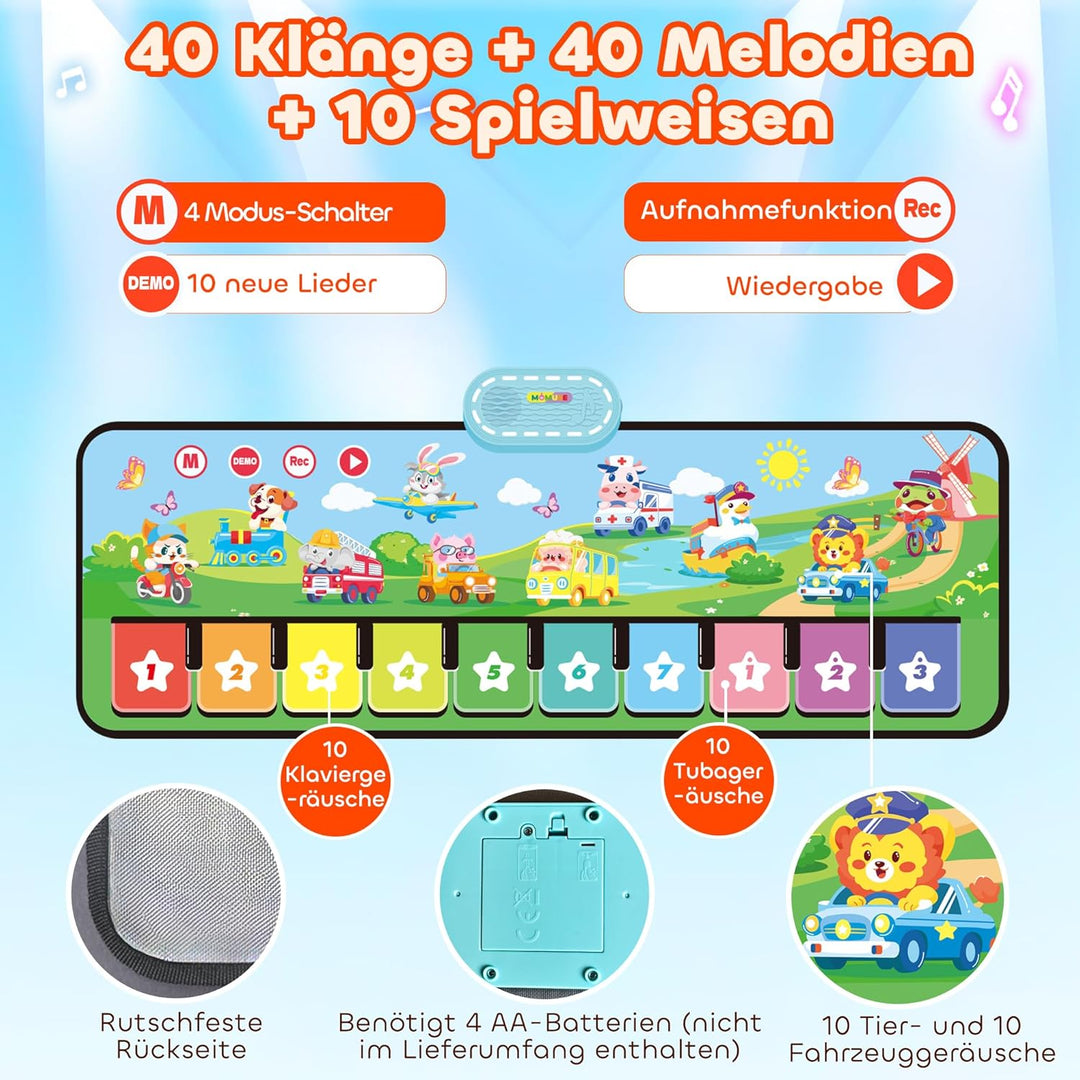 MOMUSE Baby Spielzeug ab 1 Jahr mit 80 Tönen, Upgraded Musik Matte mit 10 Tiere &amp; 10 Autos, Klavierm