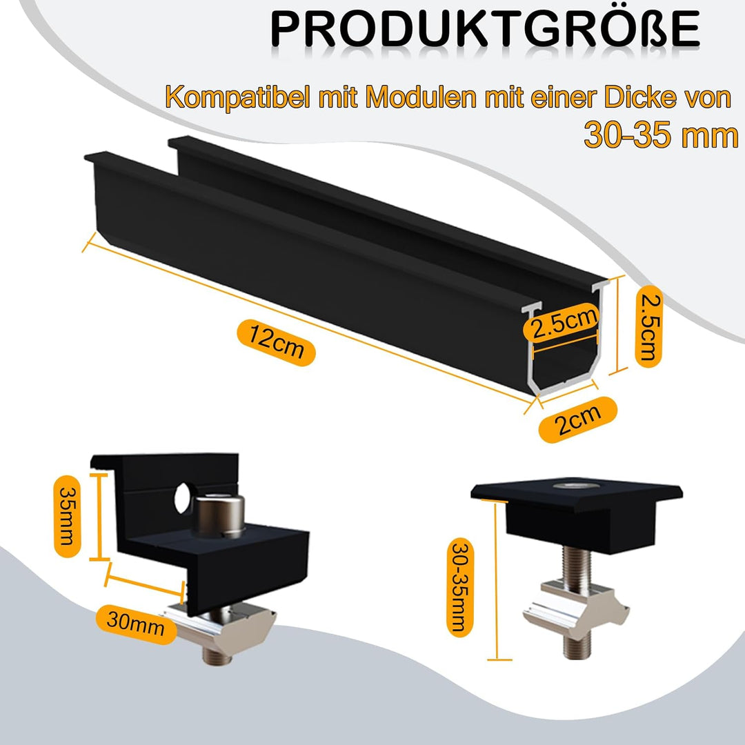 Solarmodul Halterung für 1X Module, PV Halterung Montageset - 12CM Schwarze Schiene + Verstellbare K