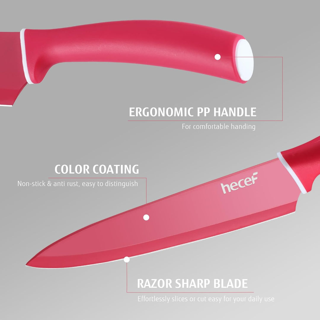 hecef 6 Teilig Messer Set mit Schutz, Küchenmesser Set Bunte Non-Stick, Scharfe Messerset Edelstahl,