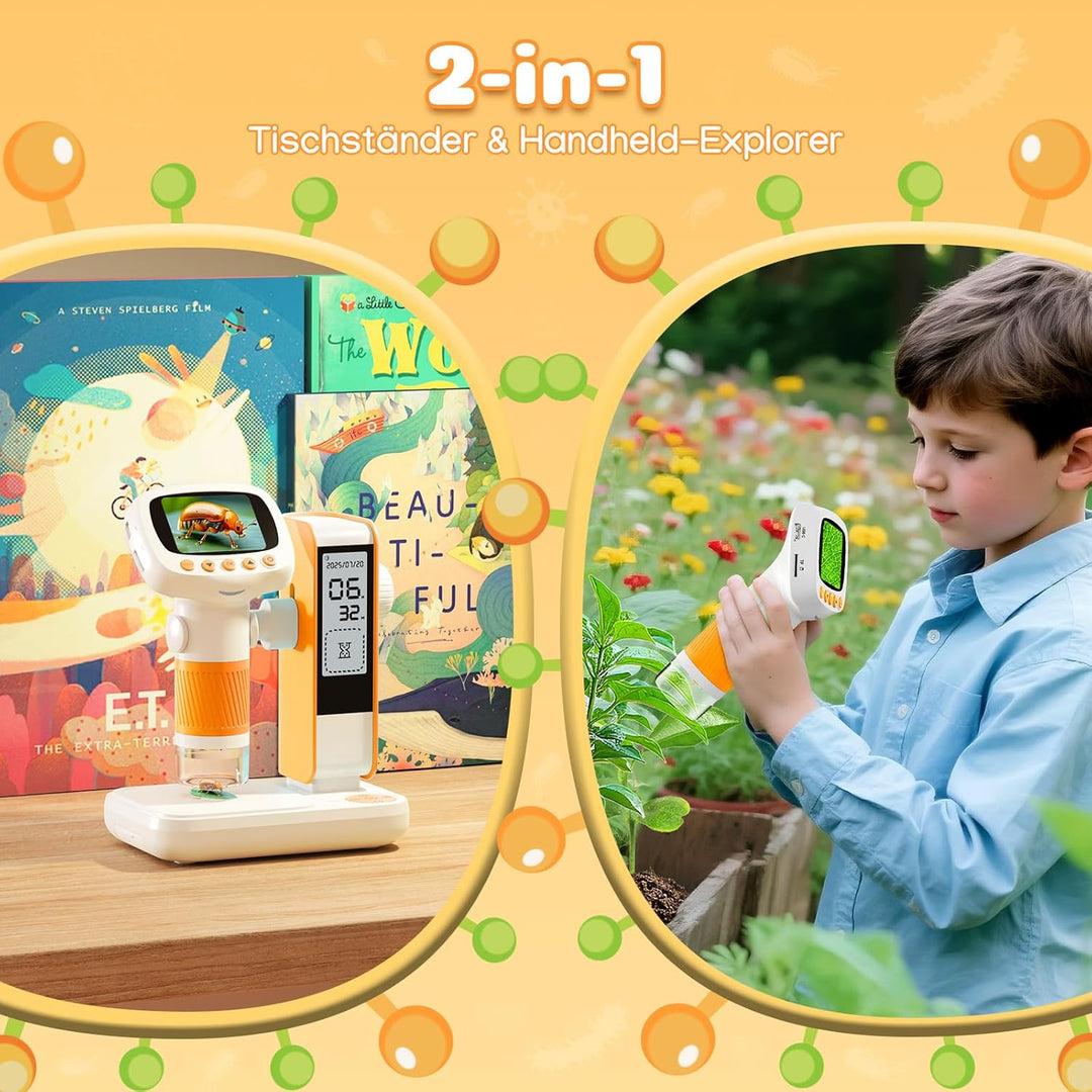 Digitales Mikroskop für Kinder mit Wecker, Tragbares Kinder Mikroskop mit 1000x Vergrösserung, 2 Zol