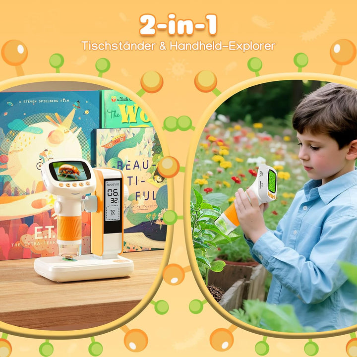 Digitales Mikroskop für Kinder mit Wecker, Tragbares Kinder Mikroskop mit 1000x Vergrösserung, 2 Zol