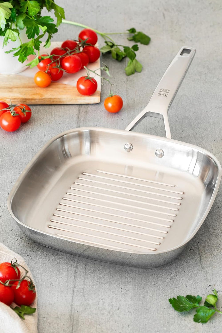 BRA Signature Grillpfanne mit Rillen, 24 cm, aus Edelstahl, ohne Antihaftbeschichtung, ergonomischer