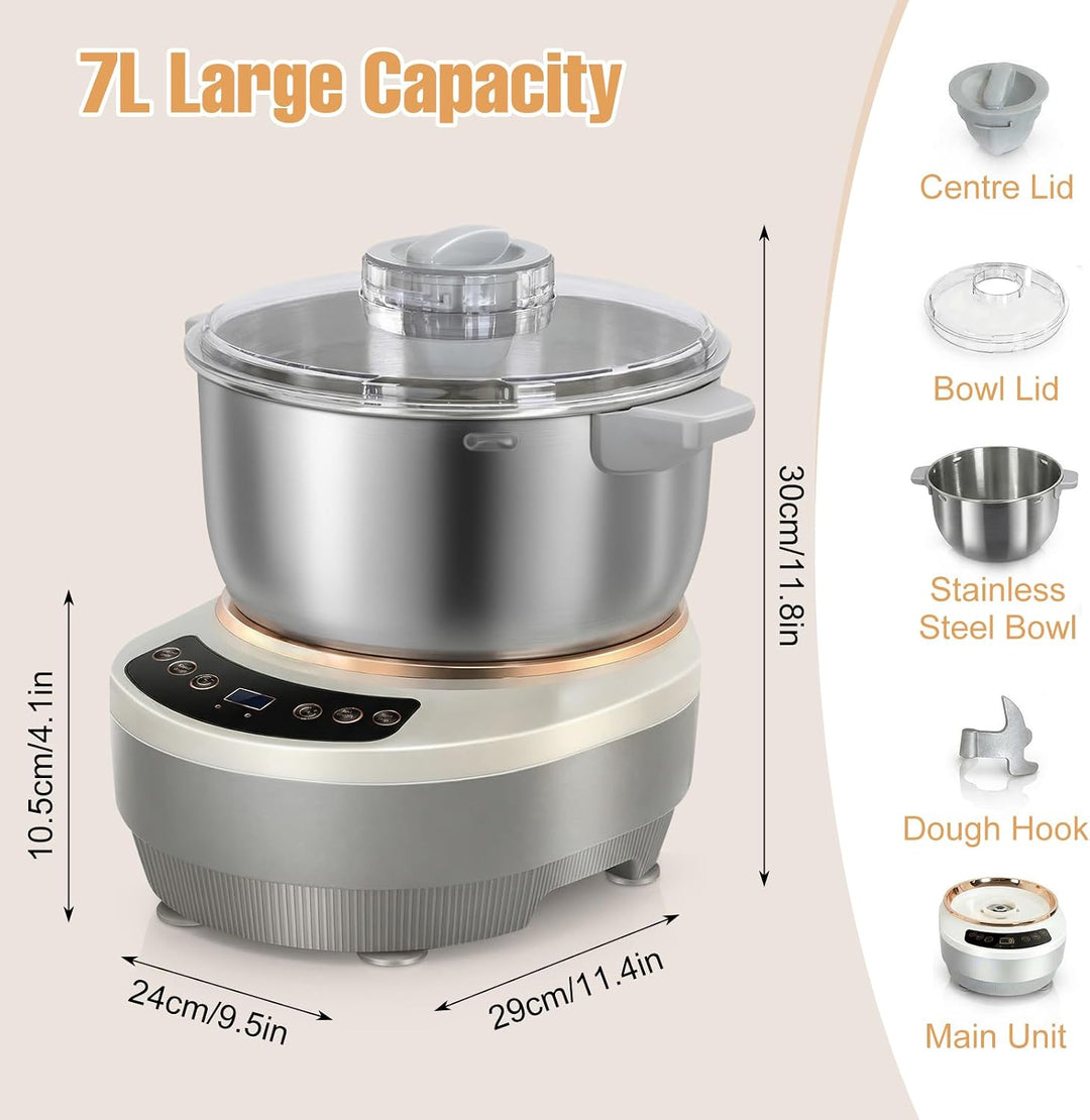7L Grossraum Teigmaschine, 200W Edelstahl Pizzateig Maschine aus 304er Edelstahl zum Backen, Teigkne