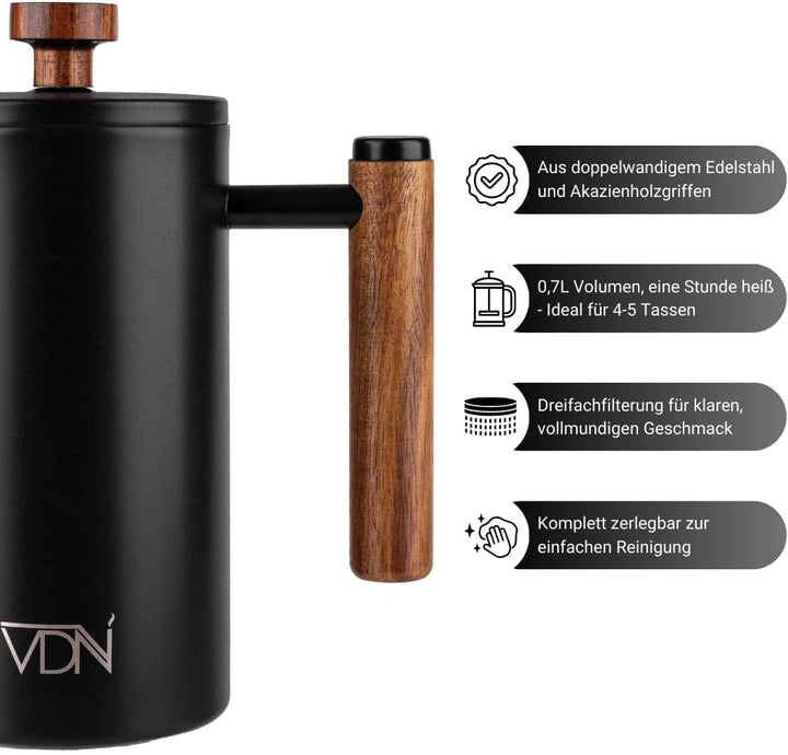 VDN French Press Edelstahl - Kaffeebereiter [700ml, 5-6 Tassen] - French Press Thermo [Doppelwandige