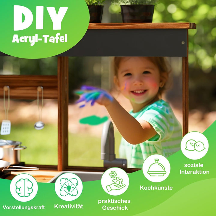 COSTWAY Matschküche Kinder Outdoor, Kinderküche Tannenholz mit 4 Kochtöpfen & Wasserhahn & Abnehmbar
