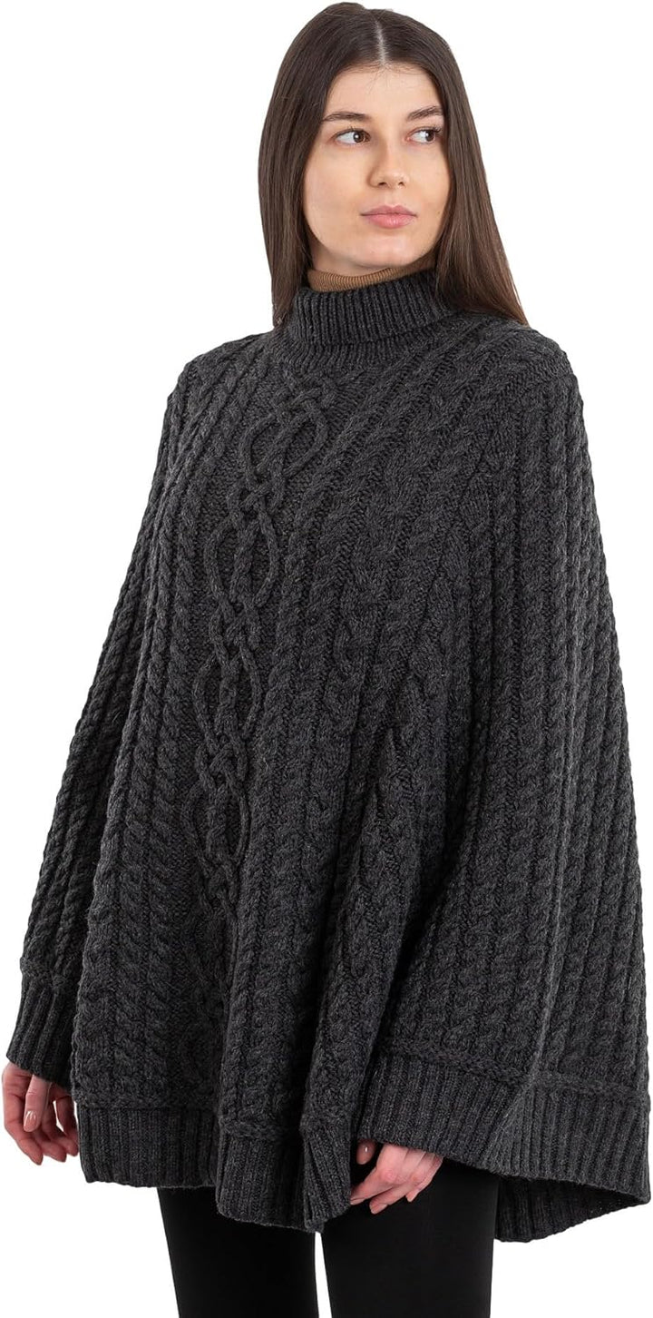 SAOL Zopfmuster Damen Irischer Aran Poncho aus 100% Merinowolle Strickjacke L-XL Dunkelgrau, L-XL Du