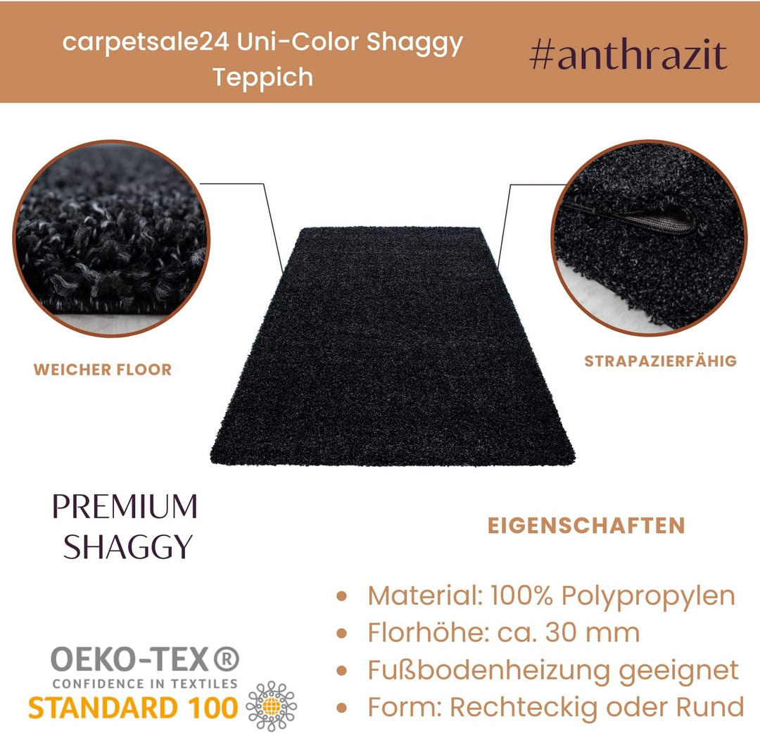 Carpetsale24 Teppich Wohnzimmer 120 x 170 cm Anthrazit Shaggy Hochflor Einfarbig Modern Design - Fla