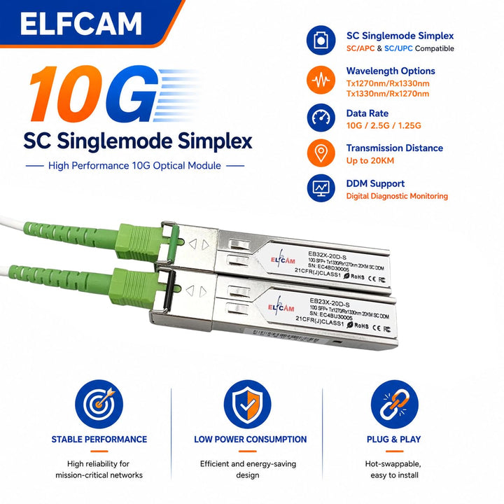 Elfcam® - 1 Pair 10G SFP+ Transceiver Bidi-Modul, TX1270nm / RX1330nm und TX1330nm / RX1270nm, LWL-P