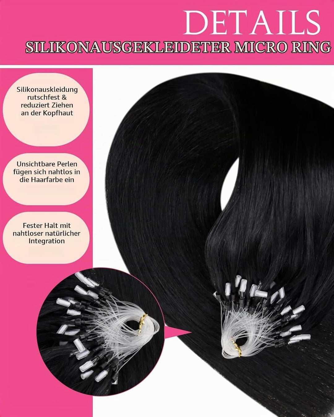 Hetto Microring Extensions Echthaar Schwarz 55CM Haarverlängerung Micro Loop Extensions Remy Extensi