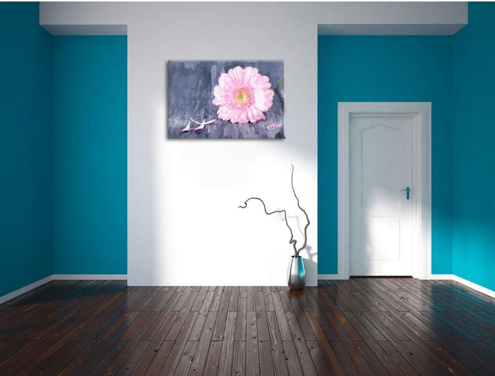 Pixxprint Gerbera auf Boden / 100x70cm Leinwandbild bespannt auf Holzrahmen/Wandbild Kunstdruck Deko