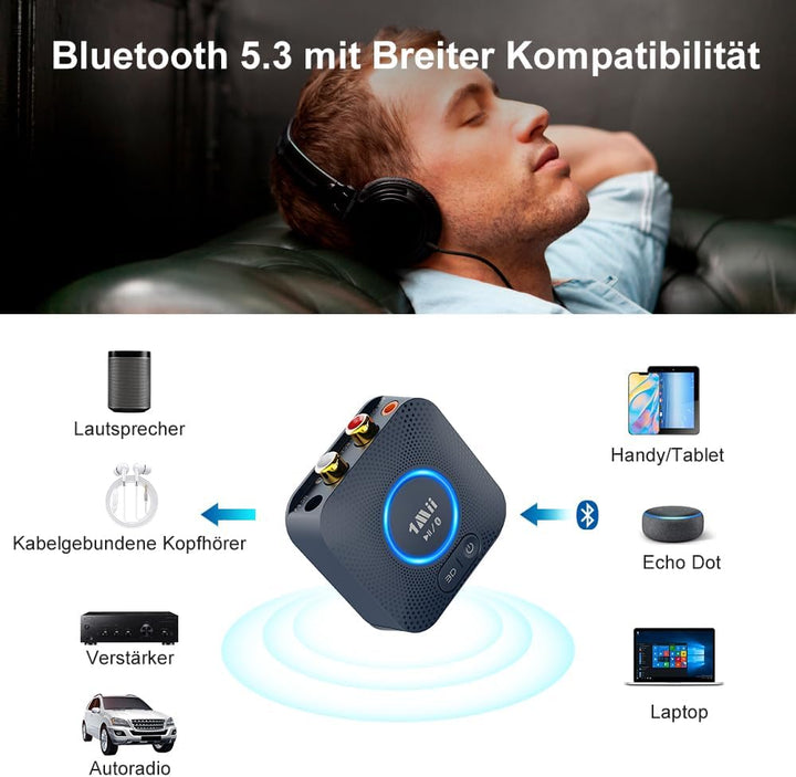 1Mii B06HD Bluetooth 5.3 Audio-Empfänger für Stereoanlage mit Cinch/AUX | aptX HD/Low Latency für Mu