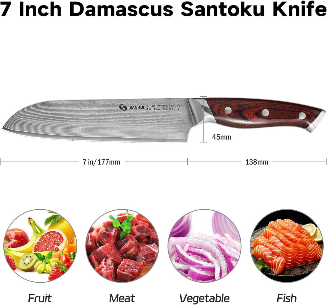 Santokumesser 18 cm, Profi Damastmesser aus 67 Lagen echten Damaststahl, Ultrascharfes Santoku Messe