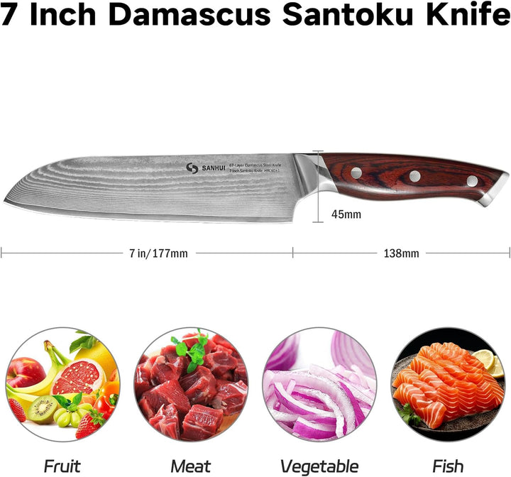 Santokumesser 18 cm, Profi Damastmesser aus 67 Lagen echten Damaststahl, Ultrascharfes Santoku Messe
