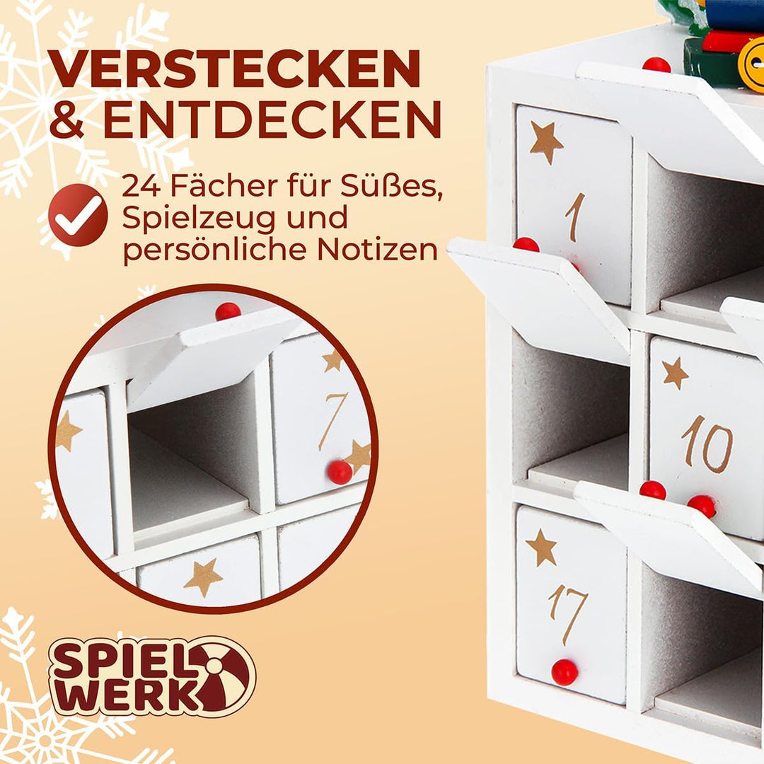 SPIELWERK® Adventskalender Winterlandschaft zum Befüllen wiederverwendbar 24 Türchen Bunt Bemalt Wei
