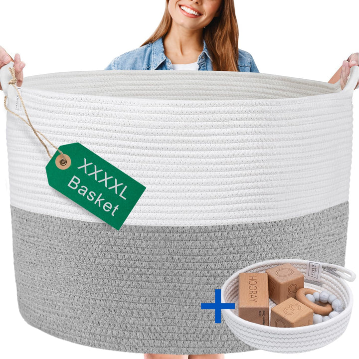 Waschbarer Jumbo-Deckenkorb in Grösse 4XL, 125 l, gewebter dekorativer Korb aus Baumwollseil mit Gri