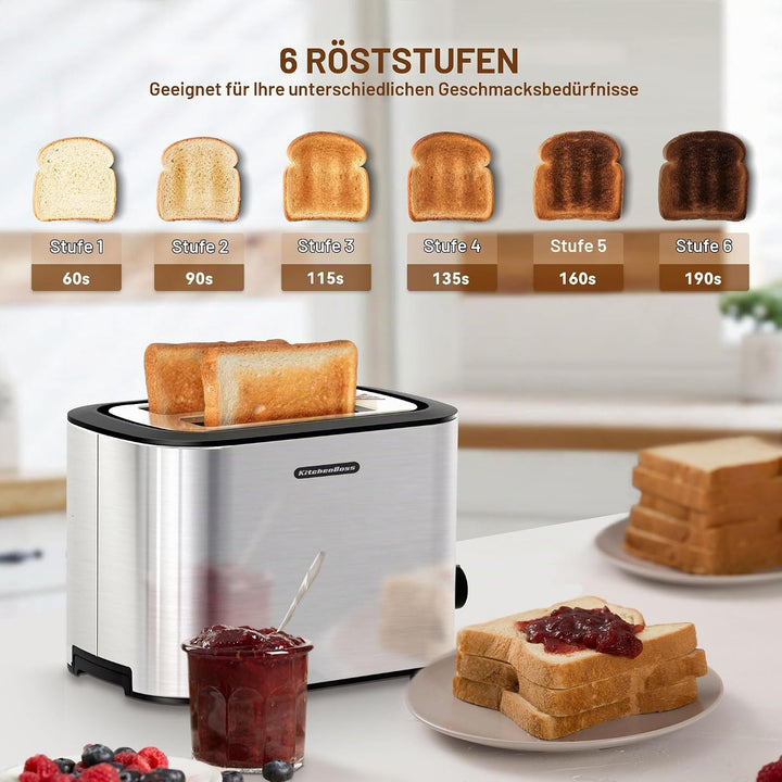 KitchenBoss Toaster 2 Scheiben 870W：Toaster Edelstahl mit Brötchenaufsatz und Krümelschublade, 6 Brä