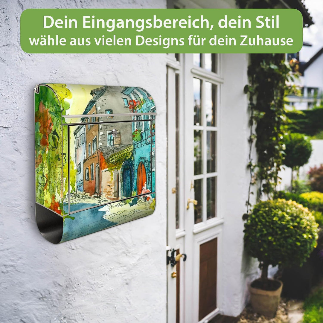 banjado® Briefkasten Edelstahl mit Motiv Historischer Stadtkern 38x43x12cm &amp; 2 Schlüssel - rostfreie
