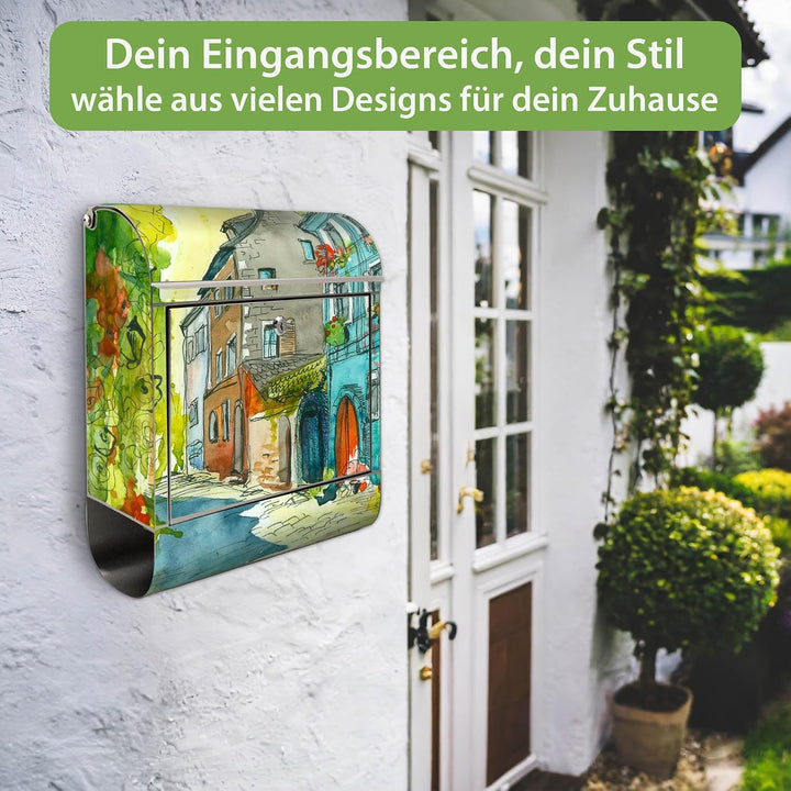 banjado® Briefkasten Edelstahl mit Motiv Historischer Stadtkern 38x43x12cm &amp; 2 Schlüssel - rostfreie
