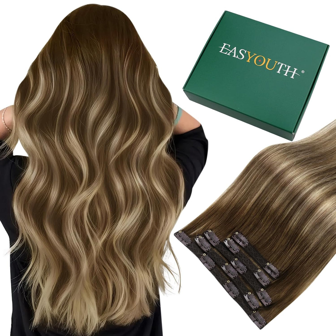 Easyouth Echthaar Clip Extensions Remy Echthaar Clip in Extensions Farbe Mittelbraun Mix Honigblond
