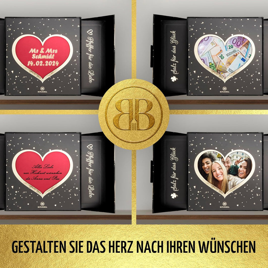 BUTLERBELL® Salz und Pfeffermühle Holz in Luxus Geschenkbox mit Herz ideal als Hochzeitsgeschenk | G
