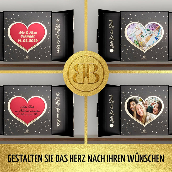 BUTLERBELL® Salz und Pfeffermühle Holz in Luxus Geschenkbox mit Herz ideal als Hochzeitsgeschenk | G