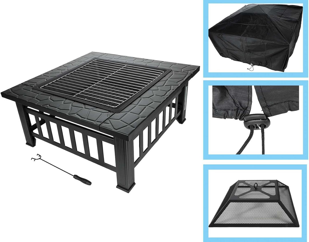 Feuerstelle für Terrasse und Garten in dekorativer Steinoptik, Terrassenofen und Grill mit Grillrost