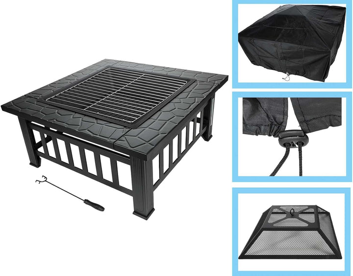 Feuerstelle für Terrasse und Garten in dekorativer Steinoptik, Terrassenofen und Grill mit Grillrost