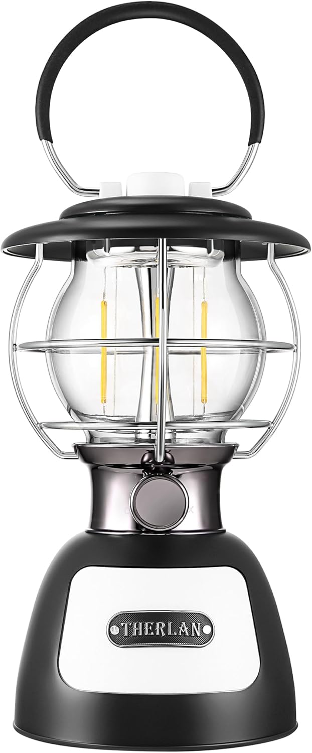 Therlan LED Campinglampe Aufladbar, 3 Lichtmodi, 250+ Std. Betriebsdauer, Stufenlos Dimmbar 4000K-65