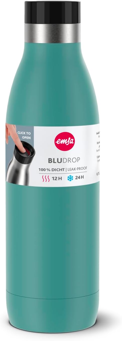 Emsa Bludrop Isolier-Trinkflasche, 0,7 Liter, 100% dicht, Quick-Press Verschluss, Ergonomischer 360°