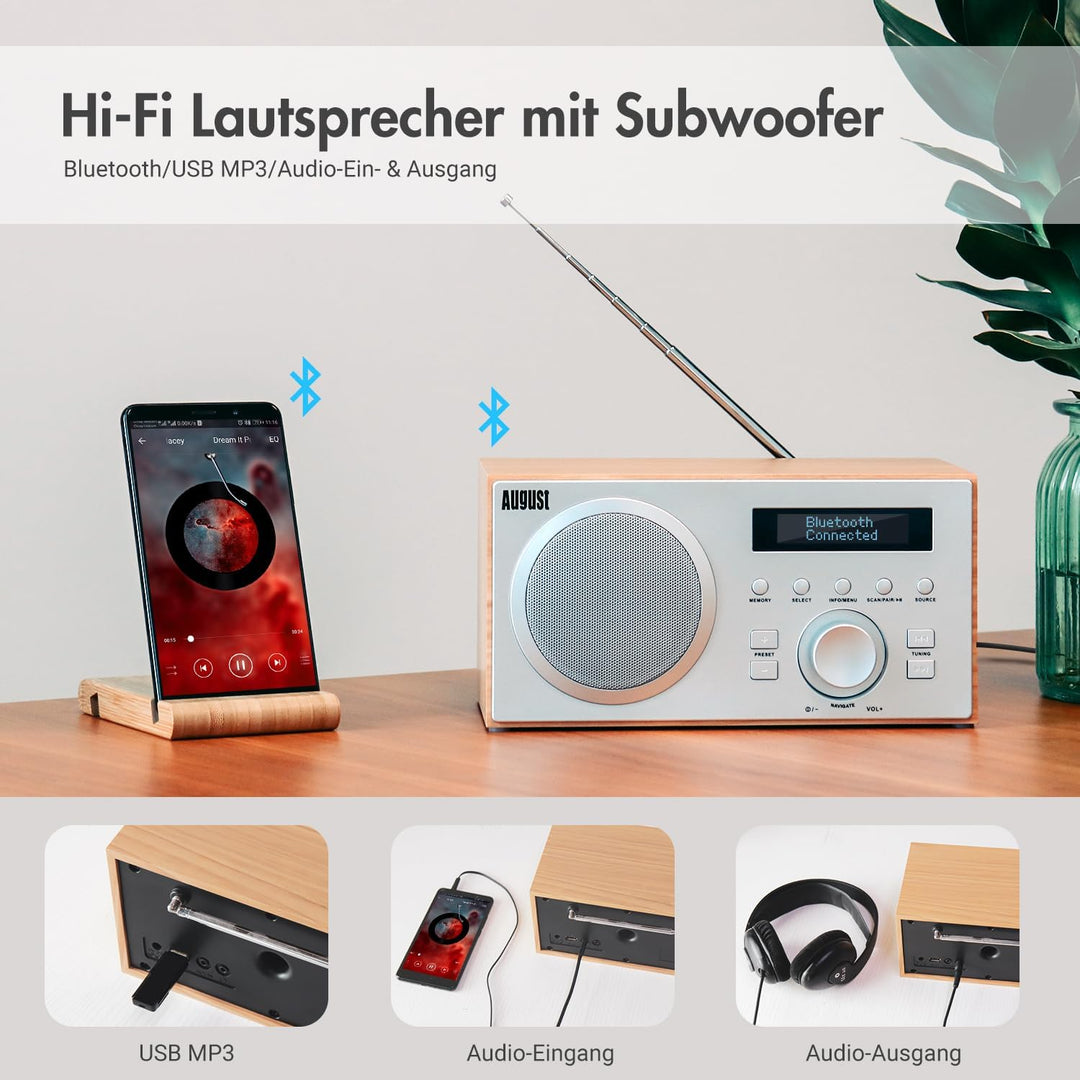 DAB+/FM Radio mit Bluetooth-August MB420-Digitales Küchenradio mit Holzgehäuse mit RDS-Funktion 60 P