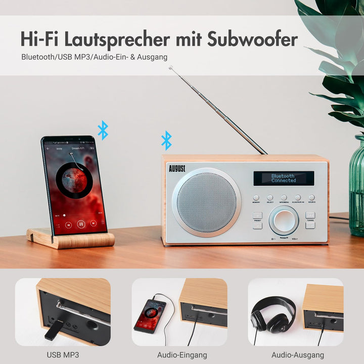 DAB+/FM Radio mit Bluetooth-August MB420-Digitales Küchenradio mit Holzgehäuse mit RDS-Funktion 60 P