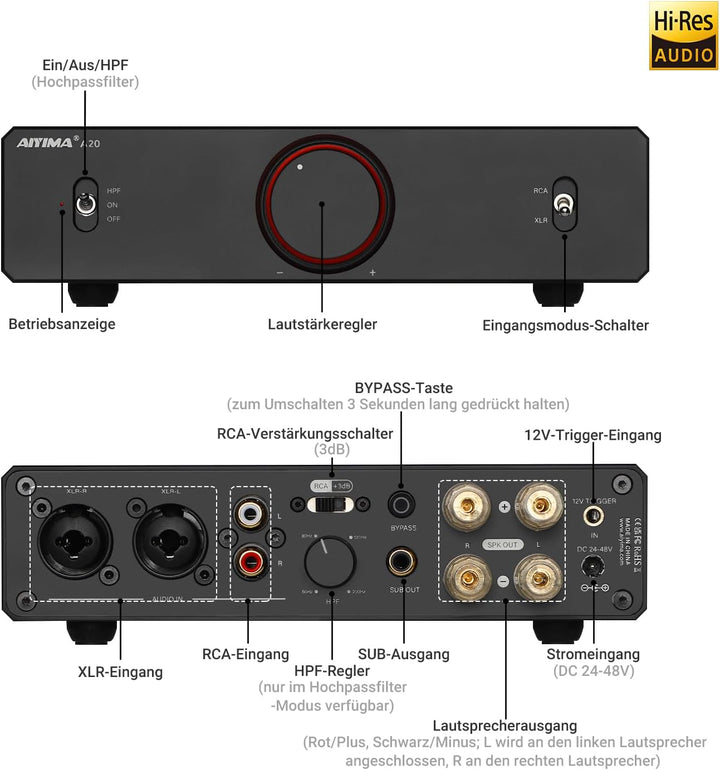 AIYIMA A20 Symmetrischer Stereoverstärker mit HPF-Einstellung Home HiFi 2.0/2.1 TPA3255 Desktop-Vers