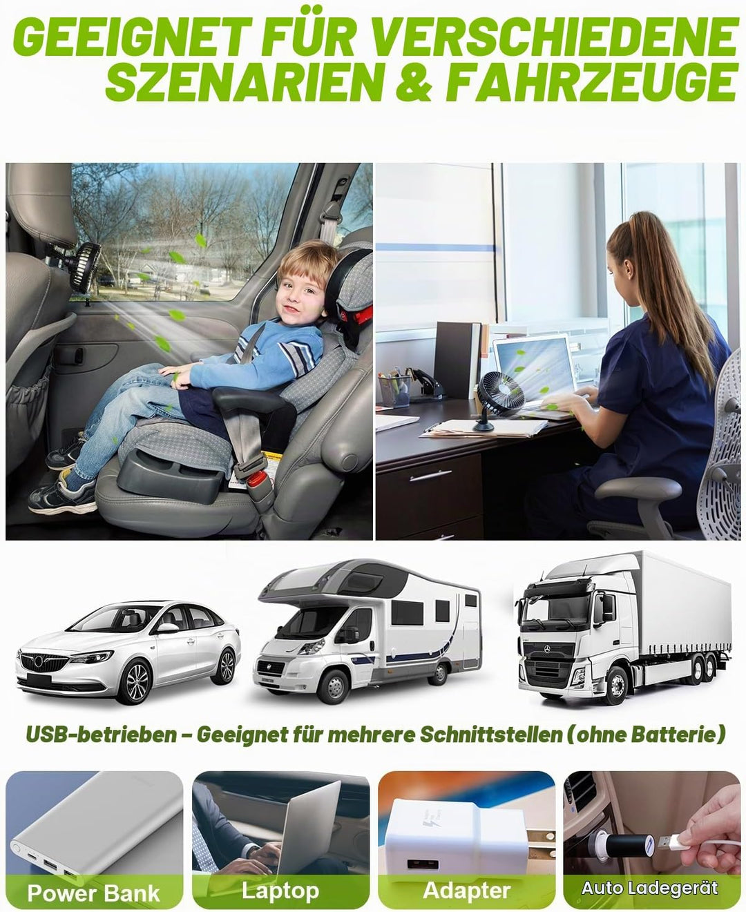 Auto Ventilator, Mini USB Ventilator klein mit 3 Halterungen für Auto, Saugnapf, Clip, Head-rest, 36