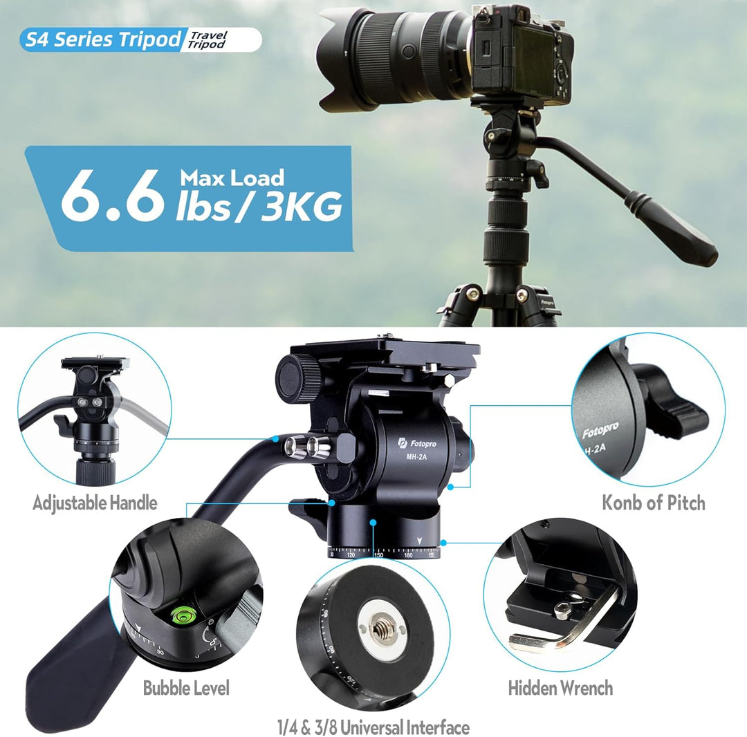 Fotopro 168CM/66inch Video stativ, Aluminium-Reisestativ und Einbeinstativ mit 360 ° Fluidkopf, prof