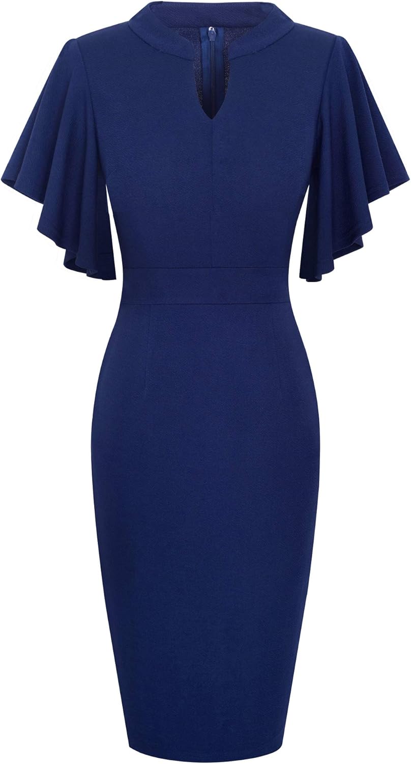 HOMEYEE Damen Elegant V-Ausschnitt mit Rüschen Sleeve Stretch Party Kleid B572, Dunkelblau