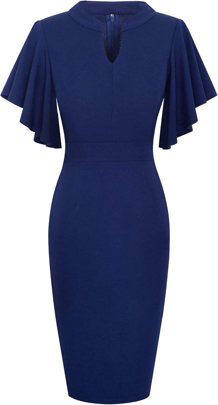HOMEYEE Damen Elegant V-Ausschnitt mit Rüschen Sleeve Stretch Party Kleid B572, Dunkelblau