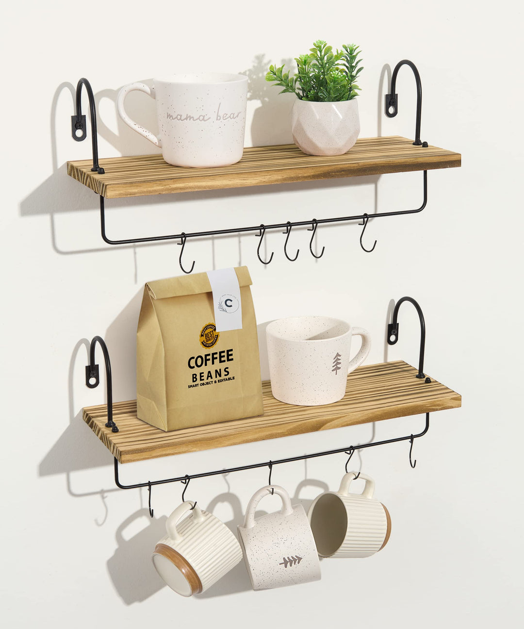 Petrala Holz Wandregal Kaffeebar Küchenregal Schweberegale 2er Set, Wandboard mit Handtuchhalter Hak