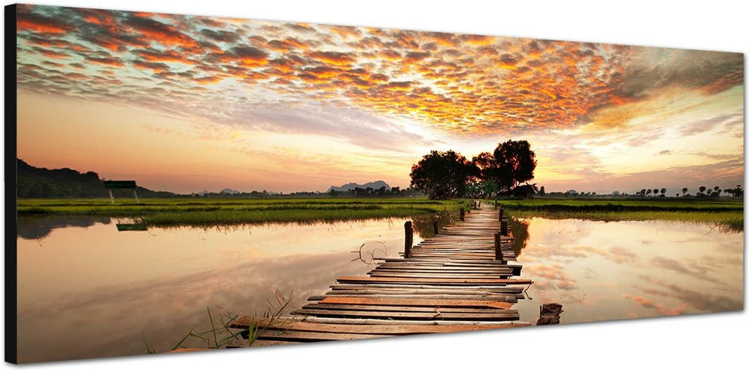 Paul Sinus Art Panoramabild auf Leinwand und Keilrahmen 150x50cm Tropen Fluss Steg Sonnenuntergang W