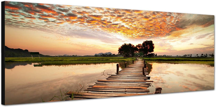 Paul Sinus Art Panoramabild auf Leinwand und Keilrahmen 150x50cm Tropen Fluss Steg Sonnenuntergang W