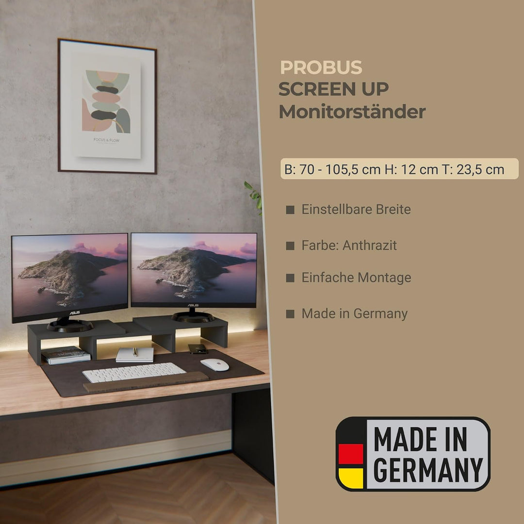 Probus Screen-UP Monitorständer – Ergonomischer Schreibtisch Organizer, Einstellbare Breite 70 bis 1