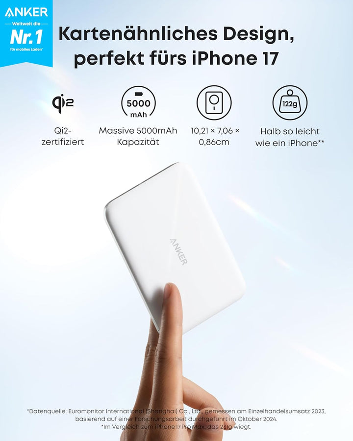 Anker Nano Powerbank, Ultraschlanke 5000mAh Magnet-Powerbank, Qi2-zertifiziert, 15W Max ultraschnell