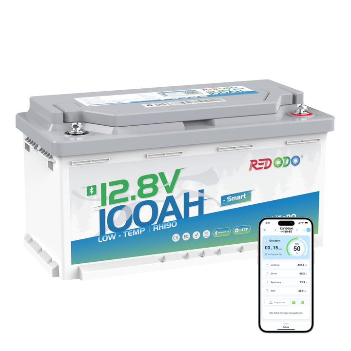 Redodo 12V 100Ah Bluetooth LiFePO4 Batterie, 188mm Höhe Tiefzyklus Lithium Batterie mit Smart BMS 12