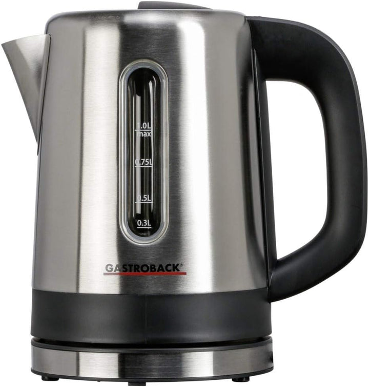 GASTROBACK #42435 Design Wasserkocher Mini, 1 Liter Edelstahl-Behälter mit Füllstandsanzeige, beleuc